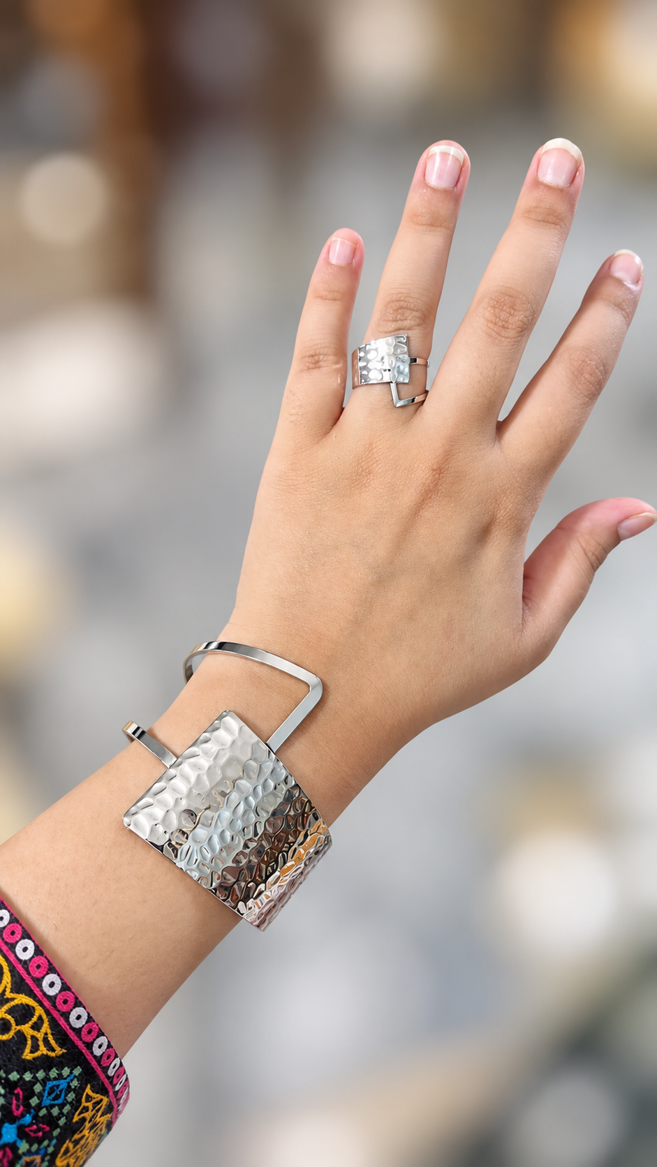 Silver Hammered Kara & Ring Set Adjustable