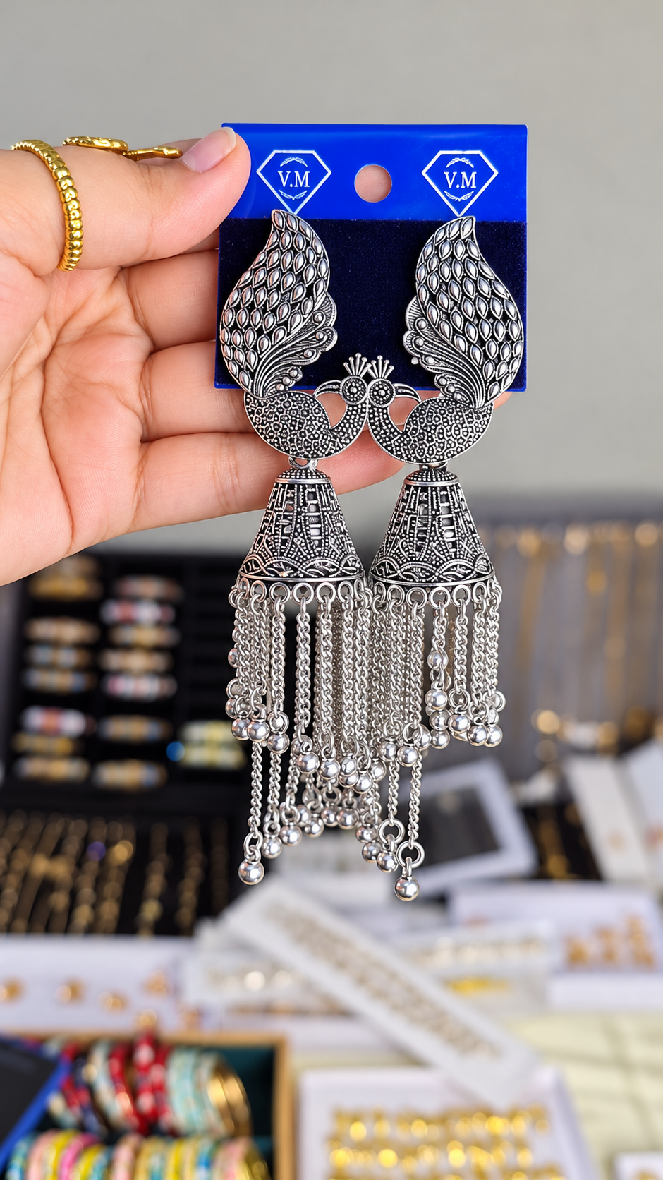 Silver Peacock Jhumkay – Long Chain