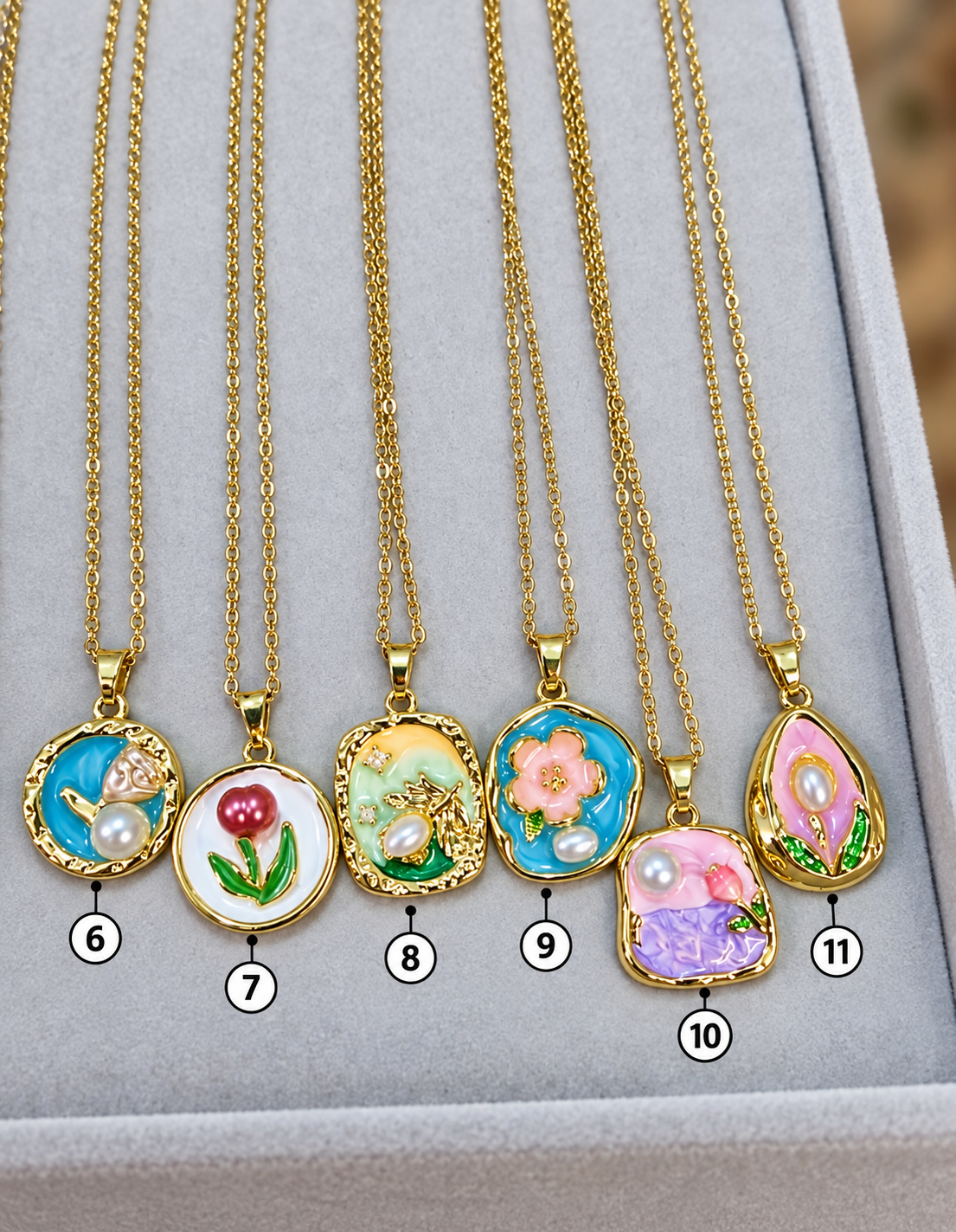 Enamel Pearl Pendant Necklaces