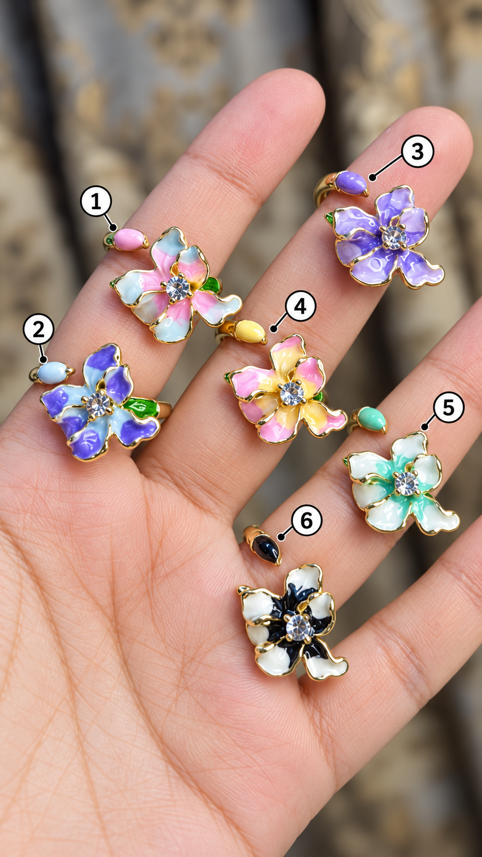 Enamel Flower Crystal Rings
